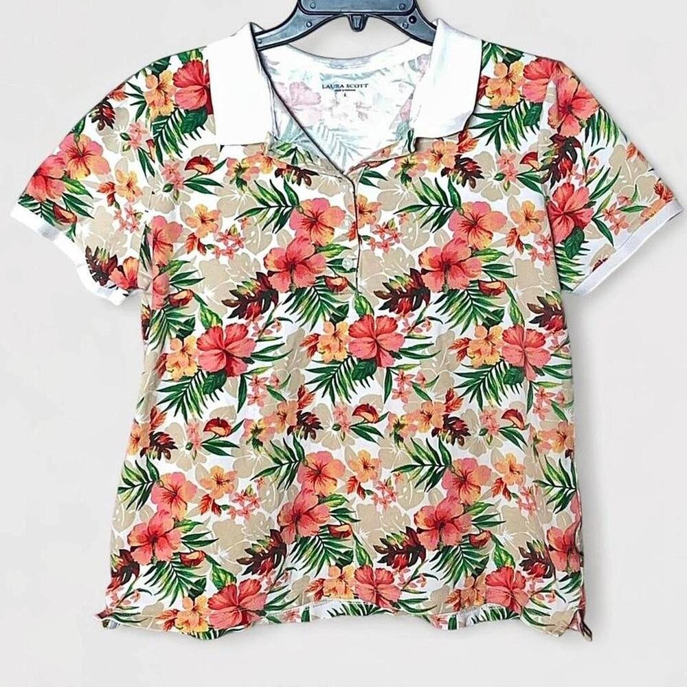 Laura Scott Hawaiian Resort Floral Polo Short Sleeve Shirt - Size L